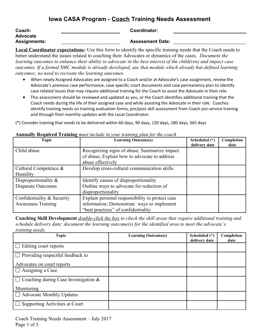 Iowa CASA Program - Coach Training Needs Assessment