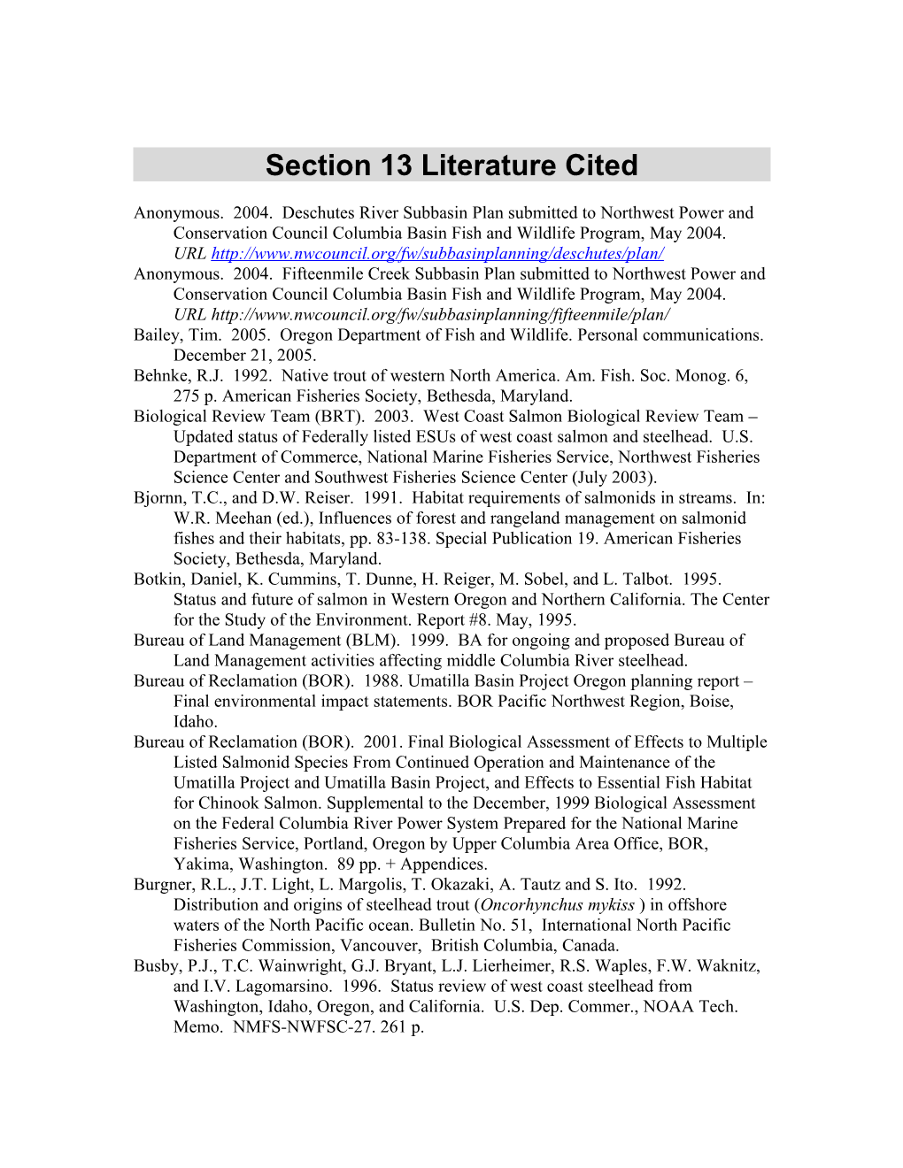 Section 13 Literature Cited