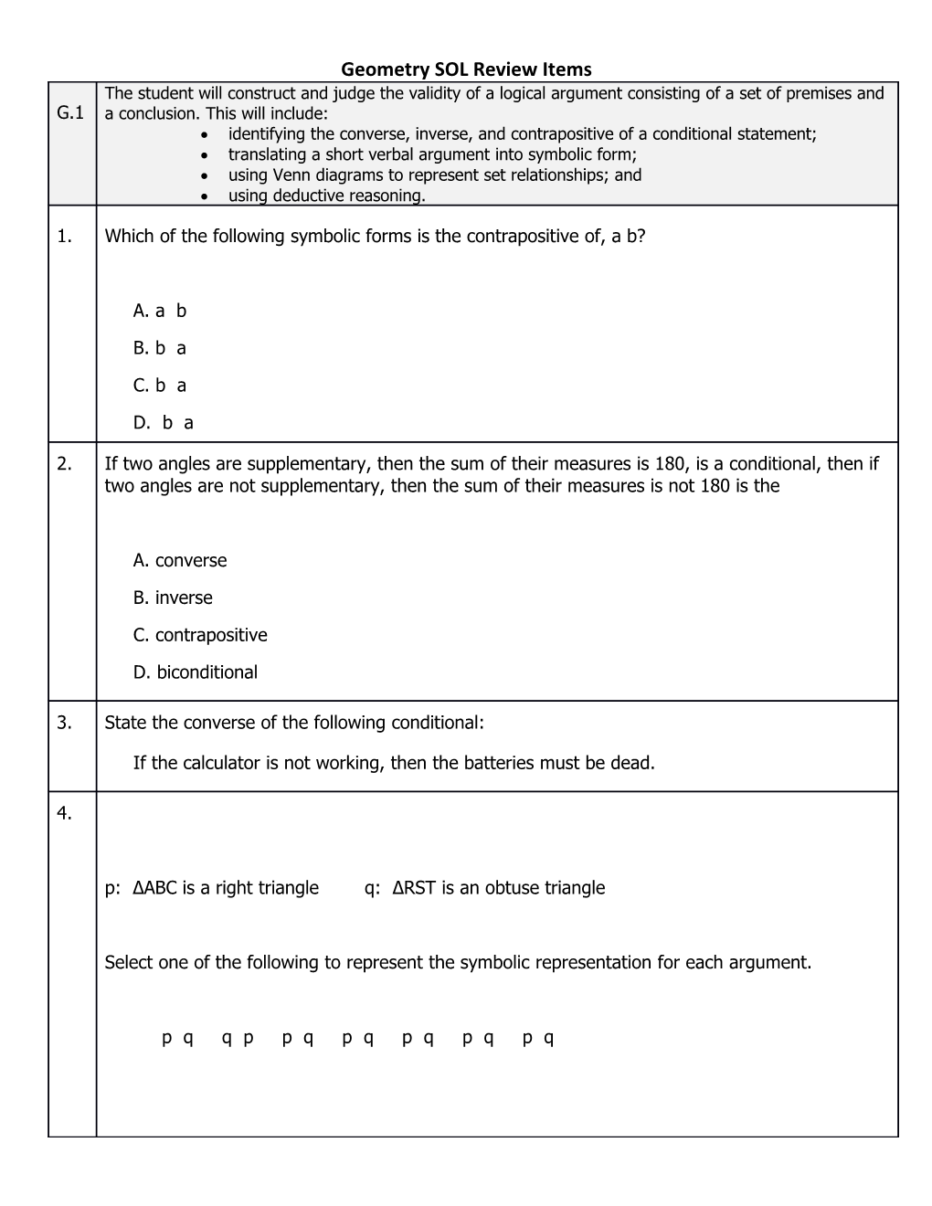 Geometry SOL Review Items