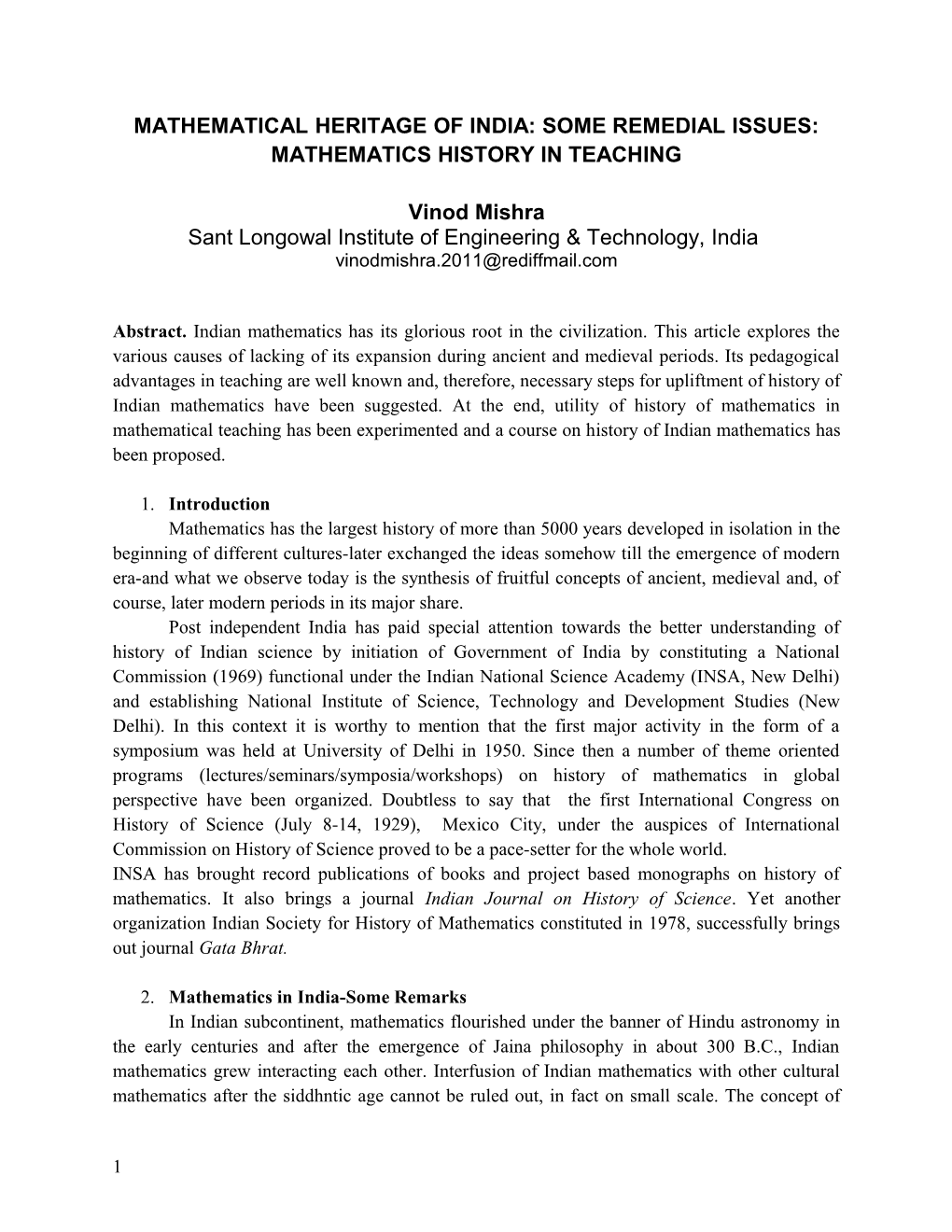 Mathematical Heritage of India: Some Remedial Issues: Mathematics History in Teaching