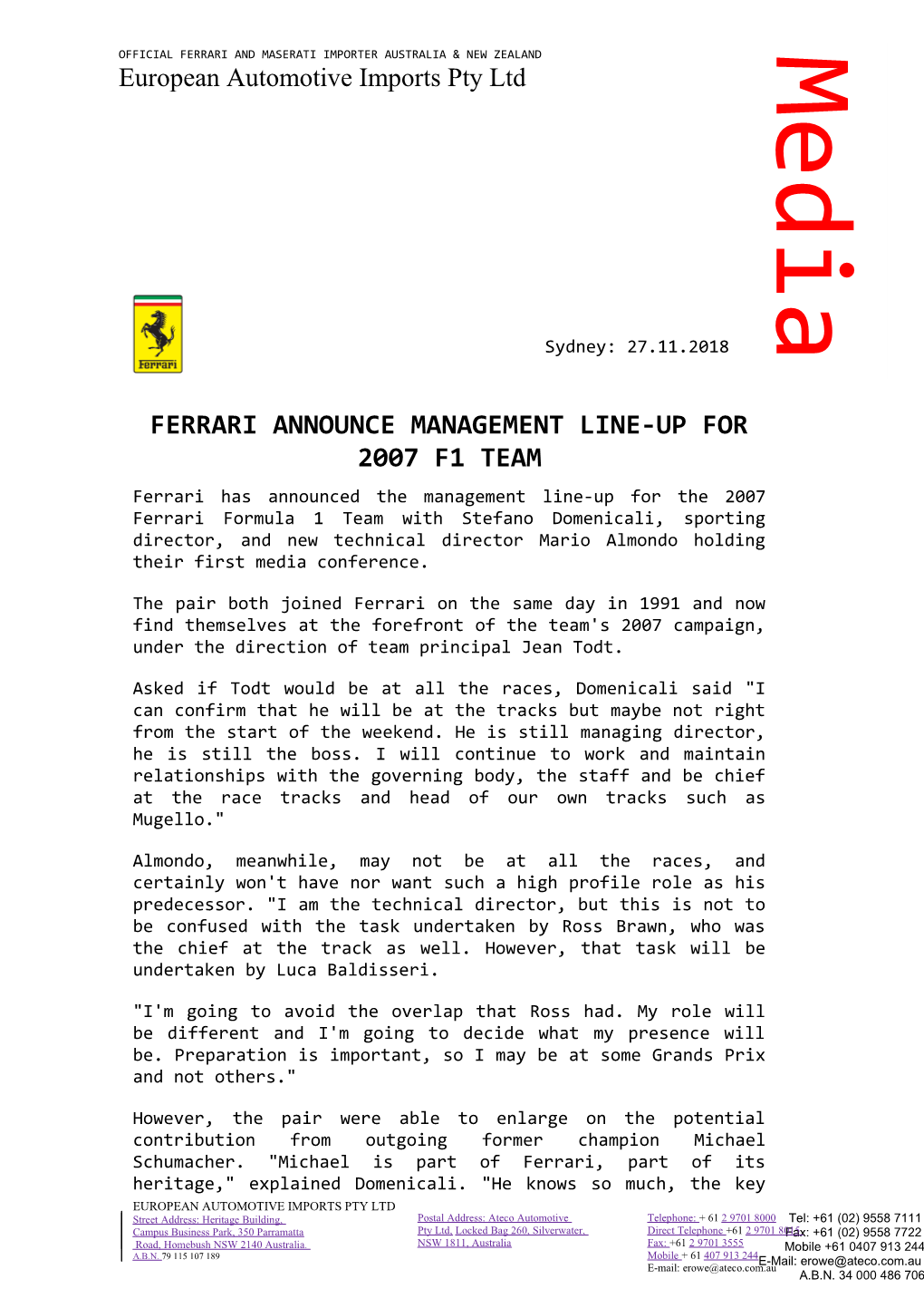Ferrari Announce Management Line-Up for 2007 F1 Team