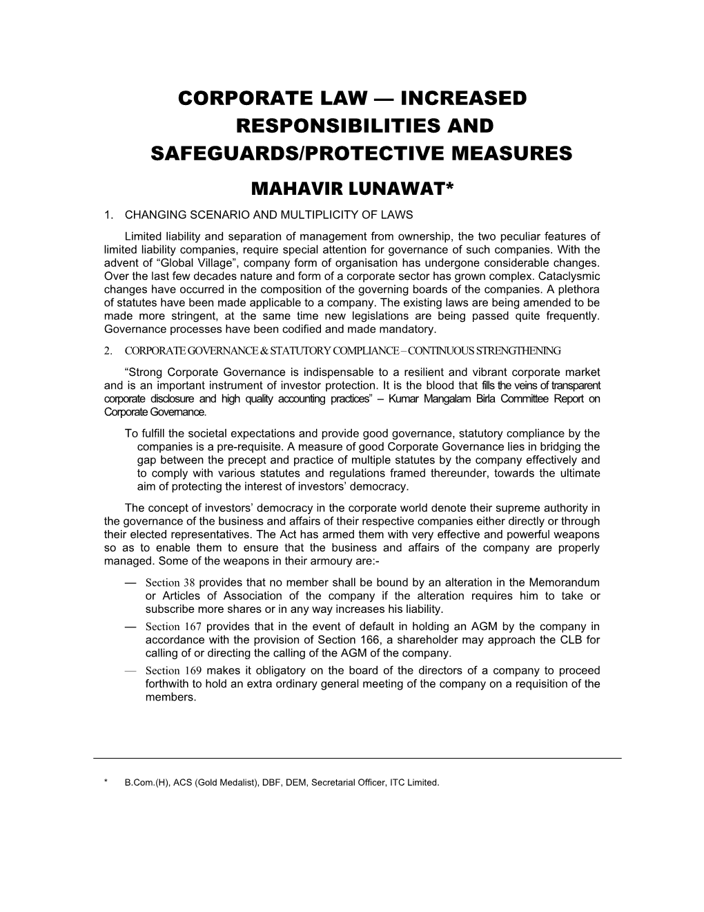 Corporate Law Increased Responsibilities and Safeguards/Protective Measures