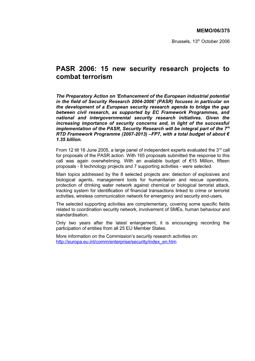 PASR 2006: 15 New Security Research Projects to Combat Terrorism