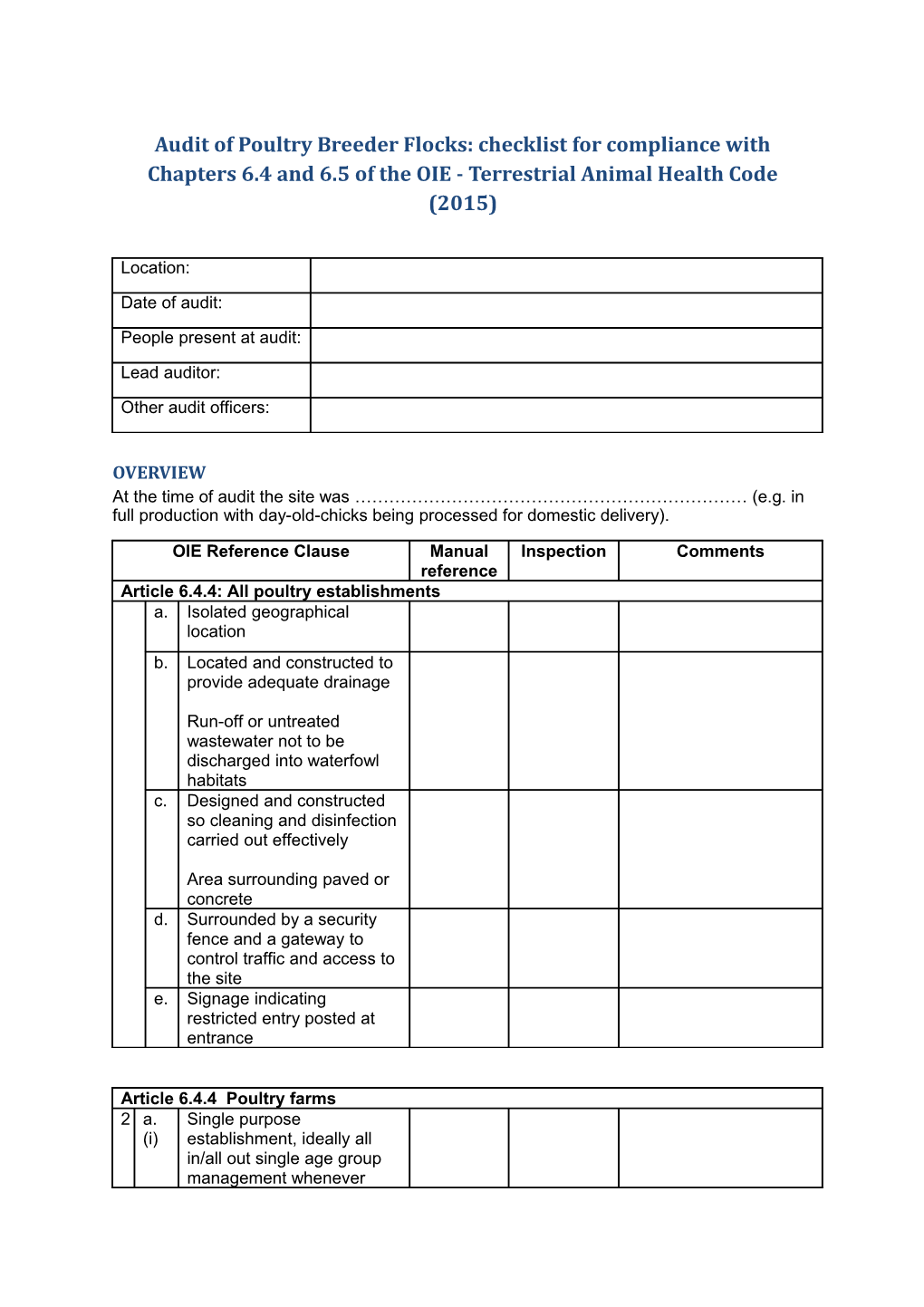 Audit of Poultry Breeder Flocks: Checklist for Compliance with Chapters 6.4 and 6.5 Of