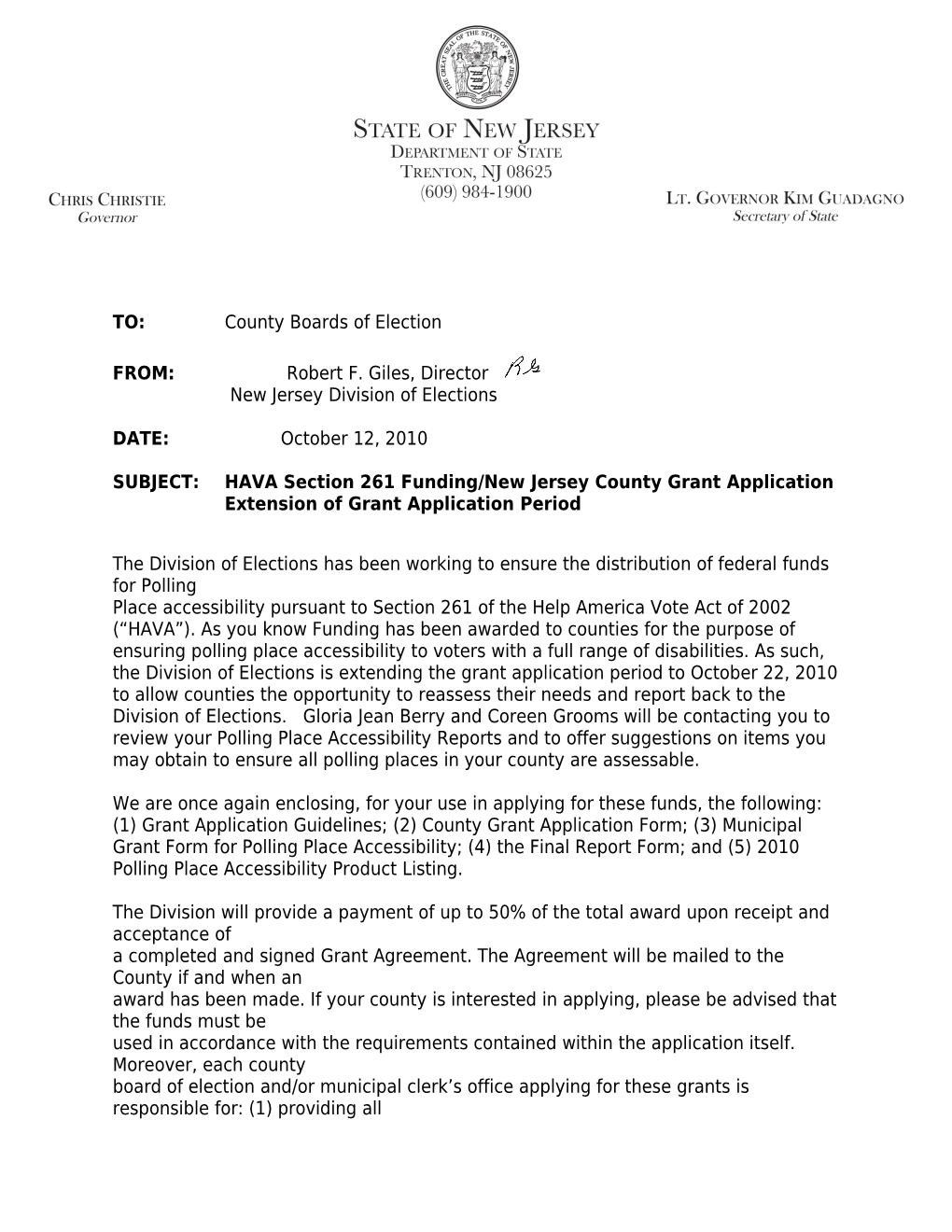 SUBJECT: HAVA Section 261 Funding/New Jersey County Grant Application