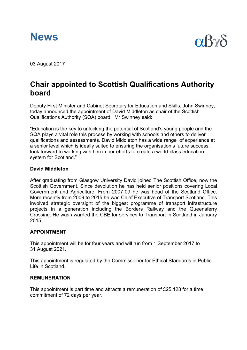 Chair Appointed to Scottish Qualifications Authority Board