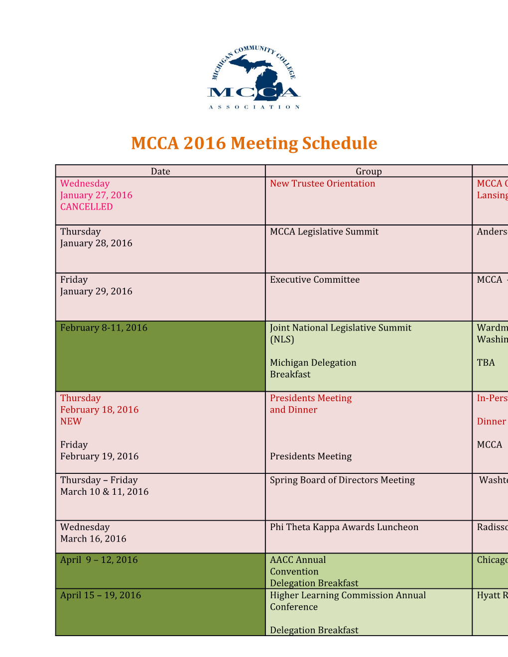 MCCA 2016 Meeting Schedule