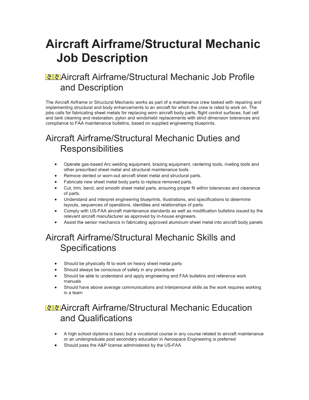 Aircraft Airframe/Structural Mechanic Job Description