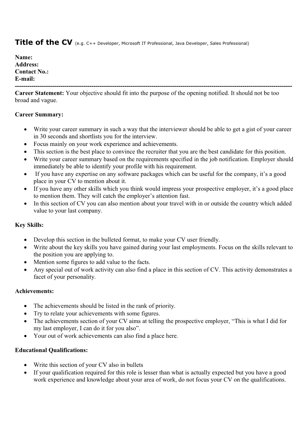 Sample CV of You Have Switched Jobs Very Frequently