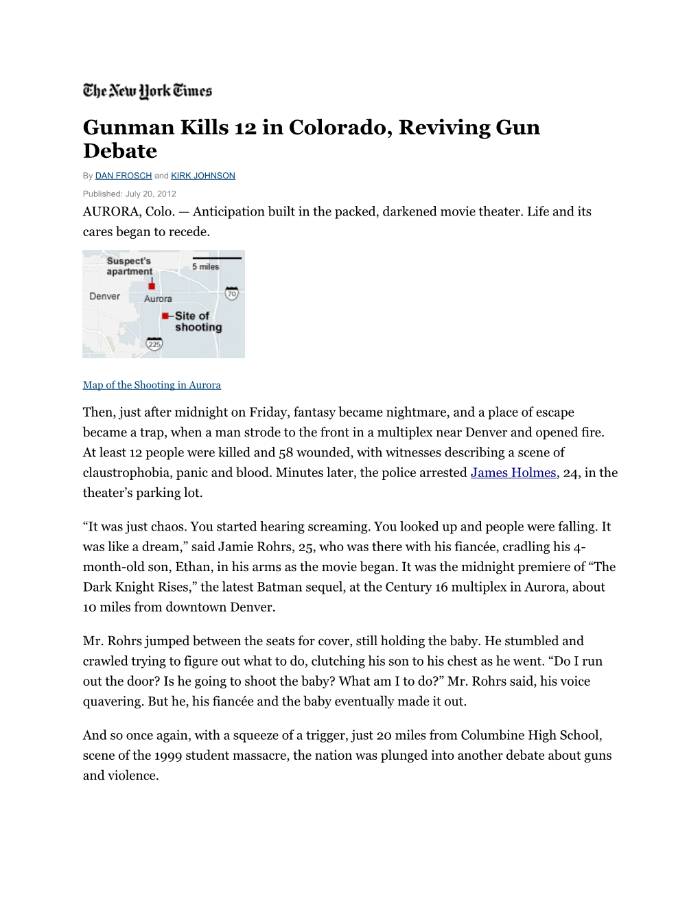 Gunman Kills 12 in Colorado, Reviving Gun Debate