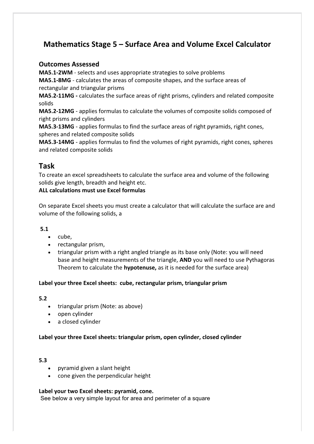 Mathematics Stage 5 Surface Area and Volume Excel Calculator