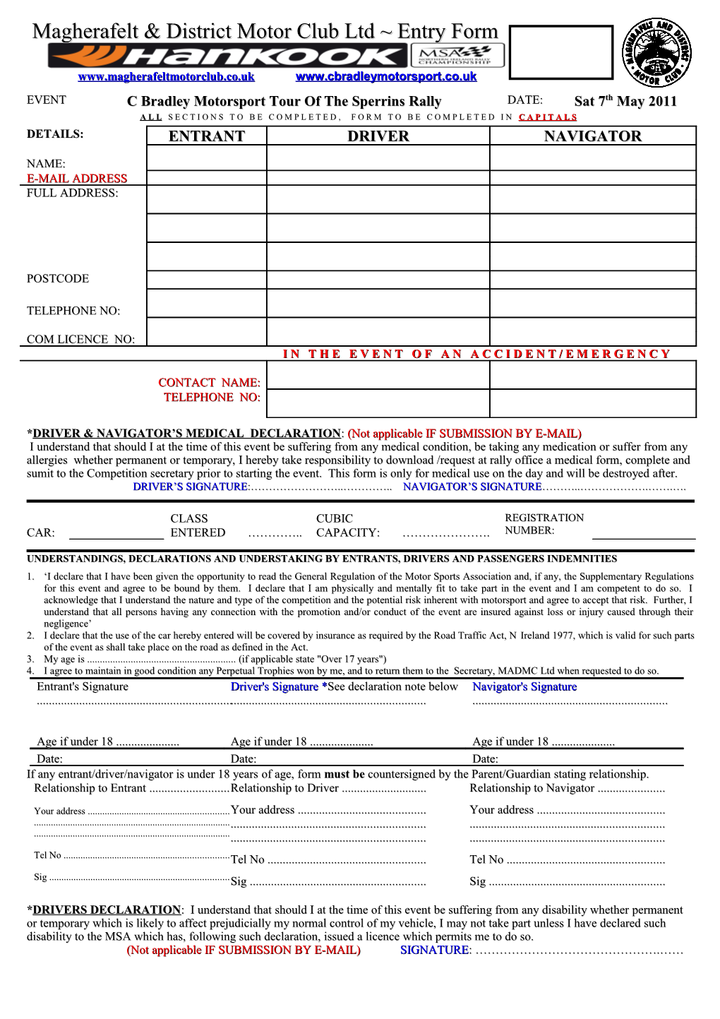 Magherafelt & District Motor Club Ltd Entry Form