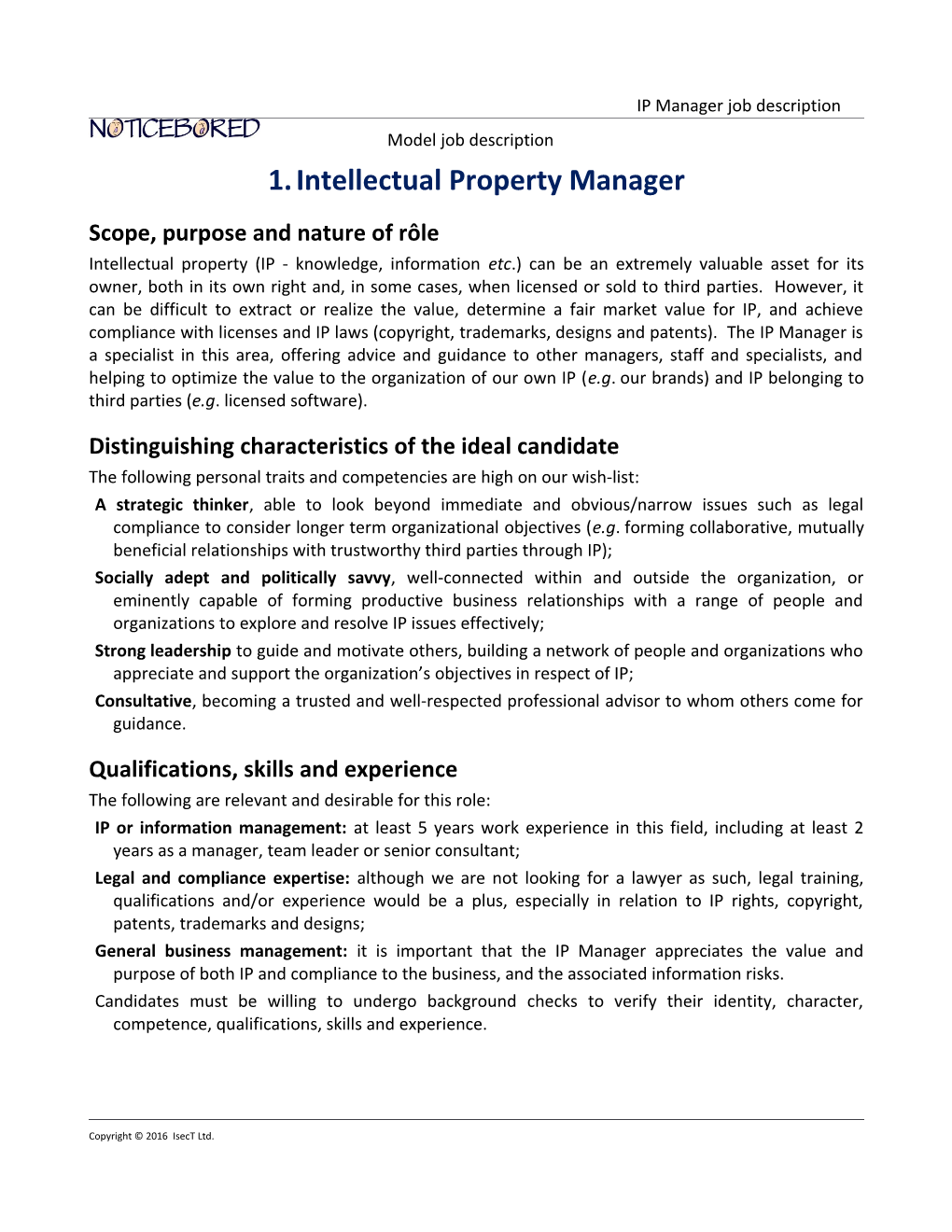 NB Model Job Description for IP Manager