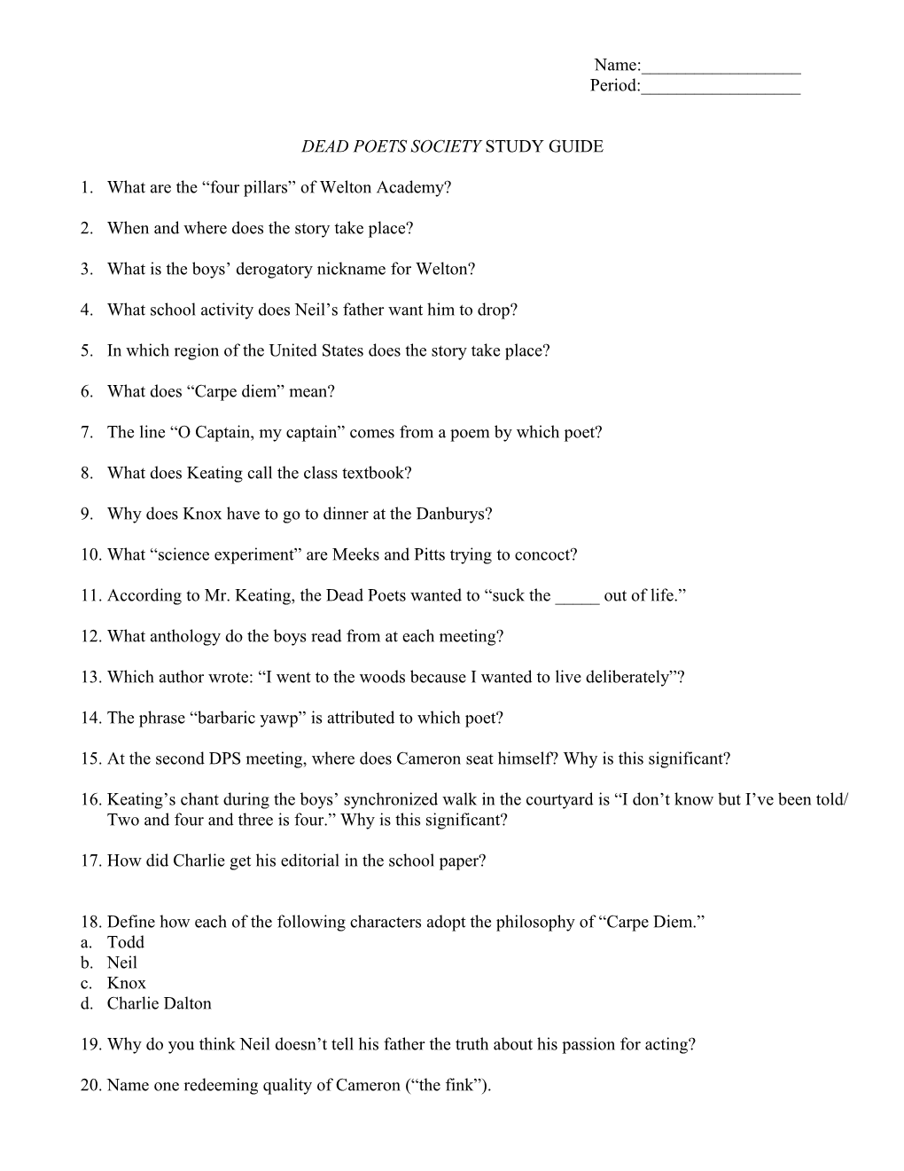 Dead Poets Society Study Guide