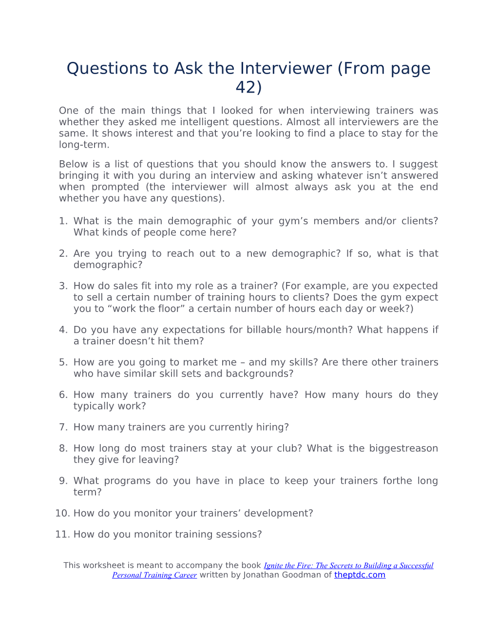 Questions to Ask the Interviewer (From Page 42)