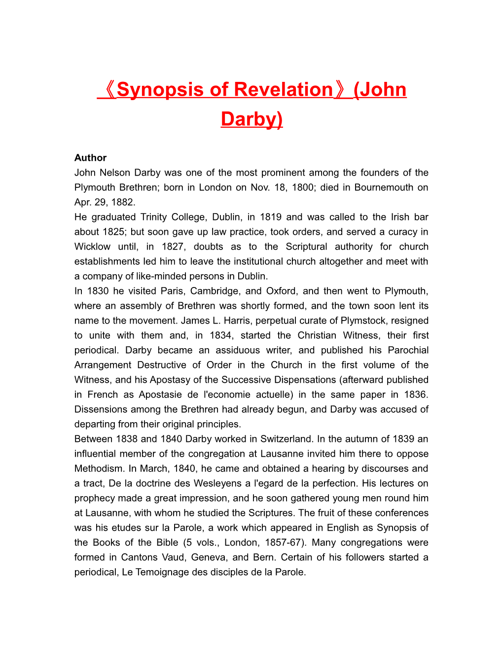 Synopsis of Revelation (John Darby)