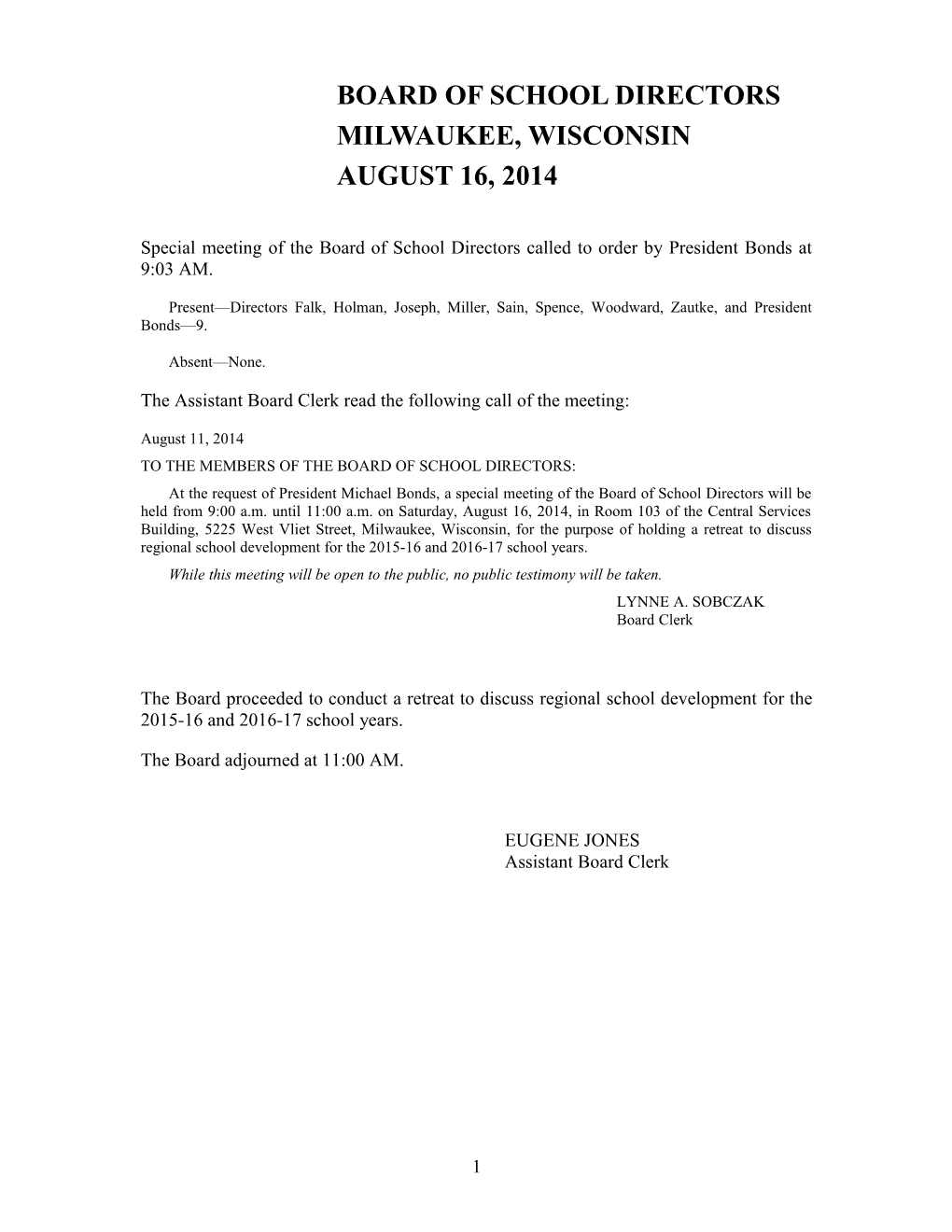 August 2014 Proceedings of the Milwaukee Board of School Directors