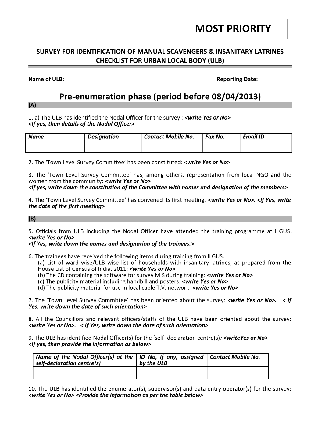 Checklist to Be Used by Urban Local Body for Conduct of Survey for Identification of Manual