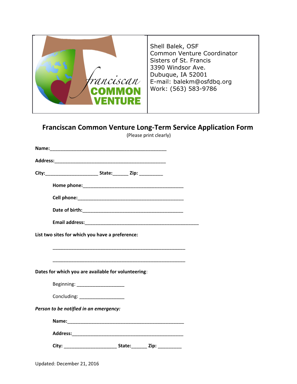 Franciscan Common Venture Long-Term Service Application Form