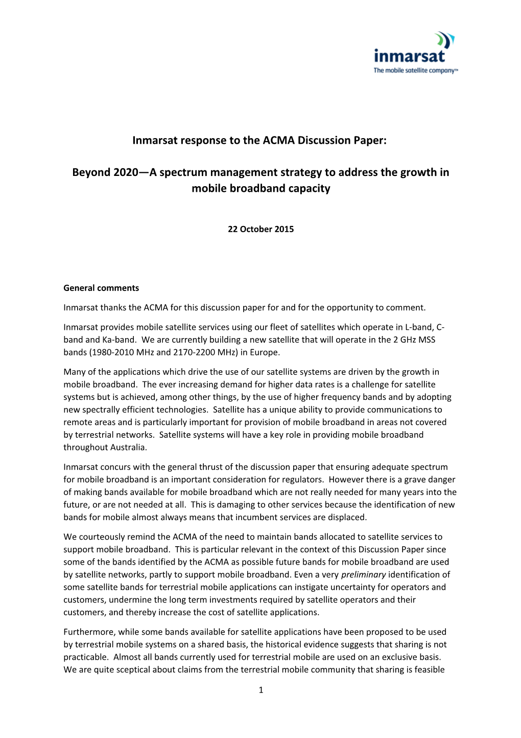 Inmarsat Response to the ACMA Discussion Paper: Beyond 2020 a Spectrum Management Strategy