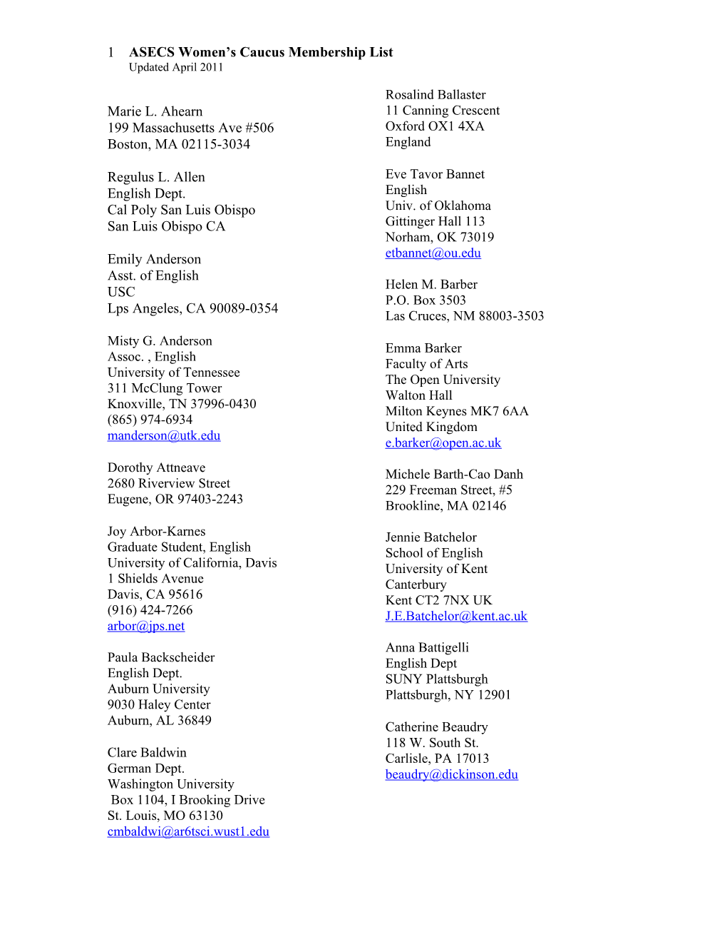 ASECS Women S Caucus Membership List