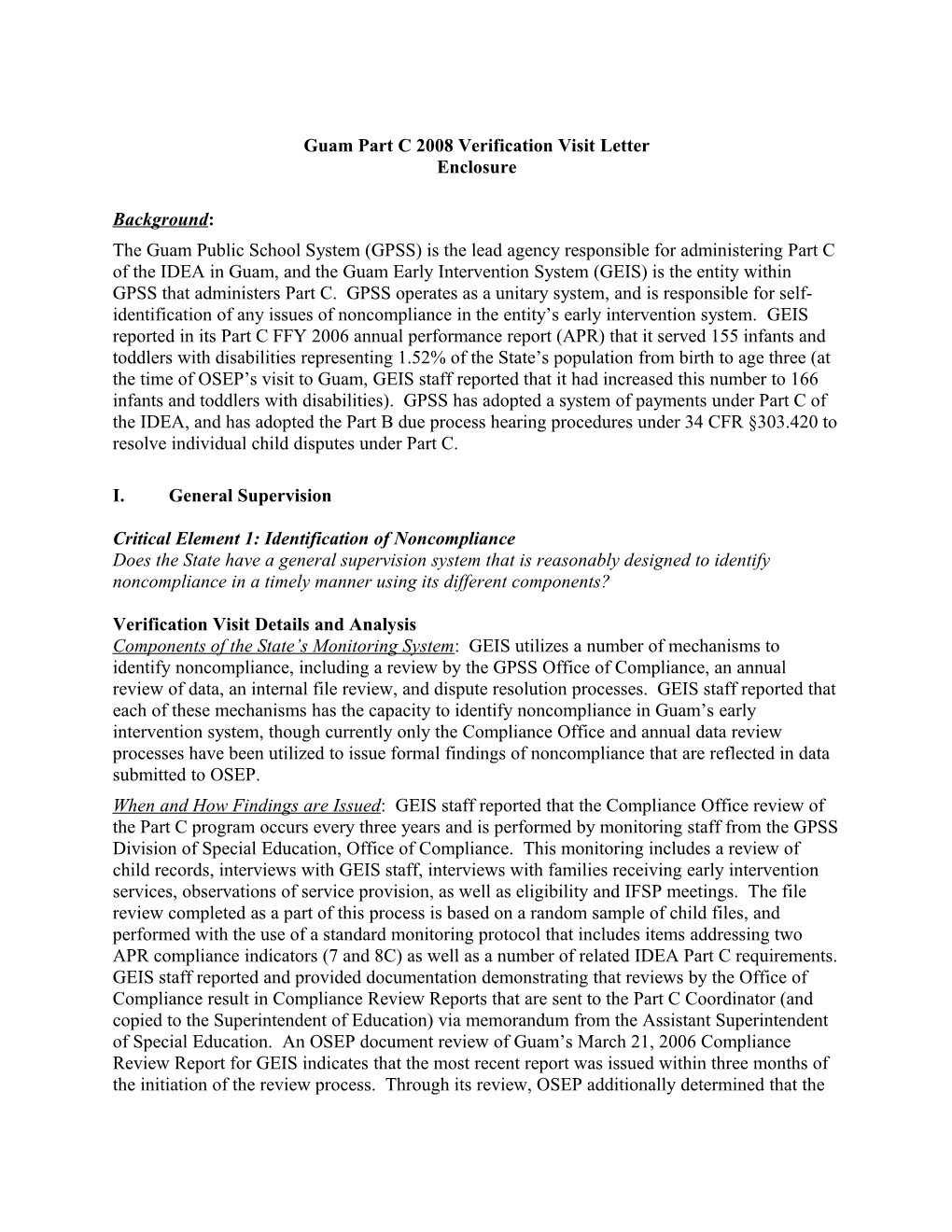 Guam Part C Verification Visit Letter Enclosure (MS WORD)