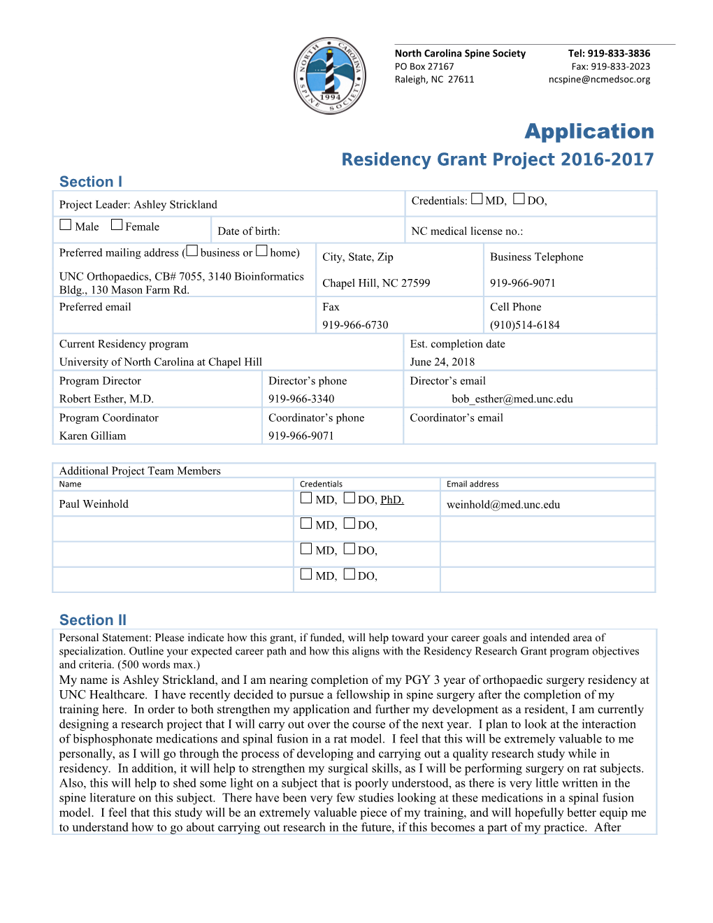 Application - Residency Grant Project 2016-2017