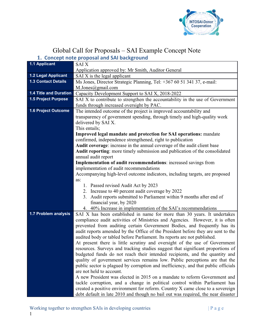 Global Call for Proposals SAI Example Concept Note