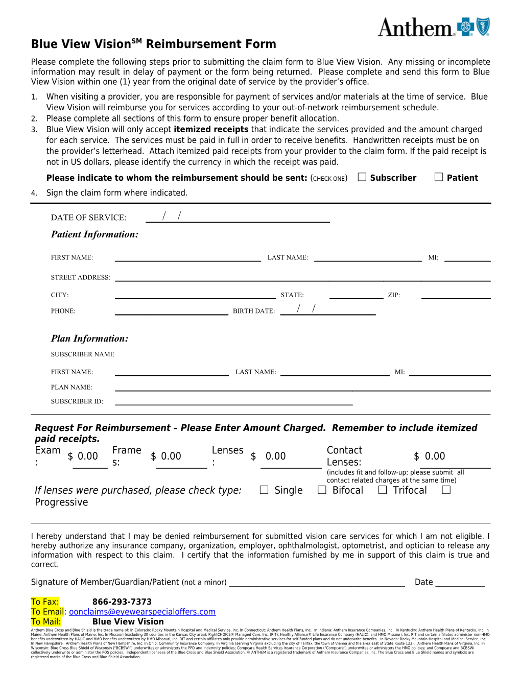Out-Of-Network Claim Form