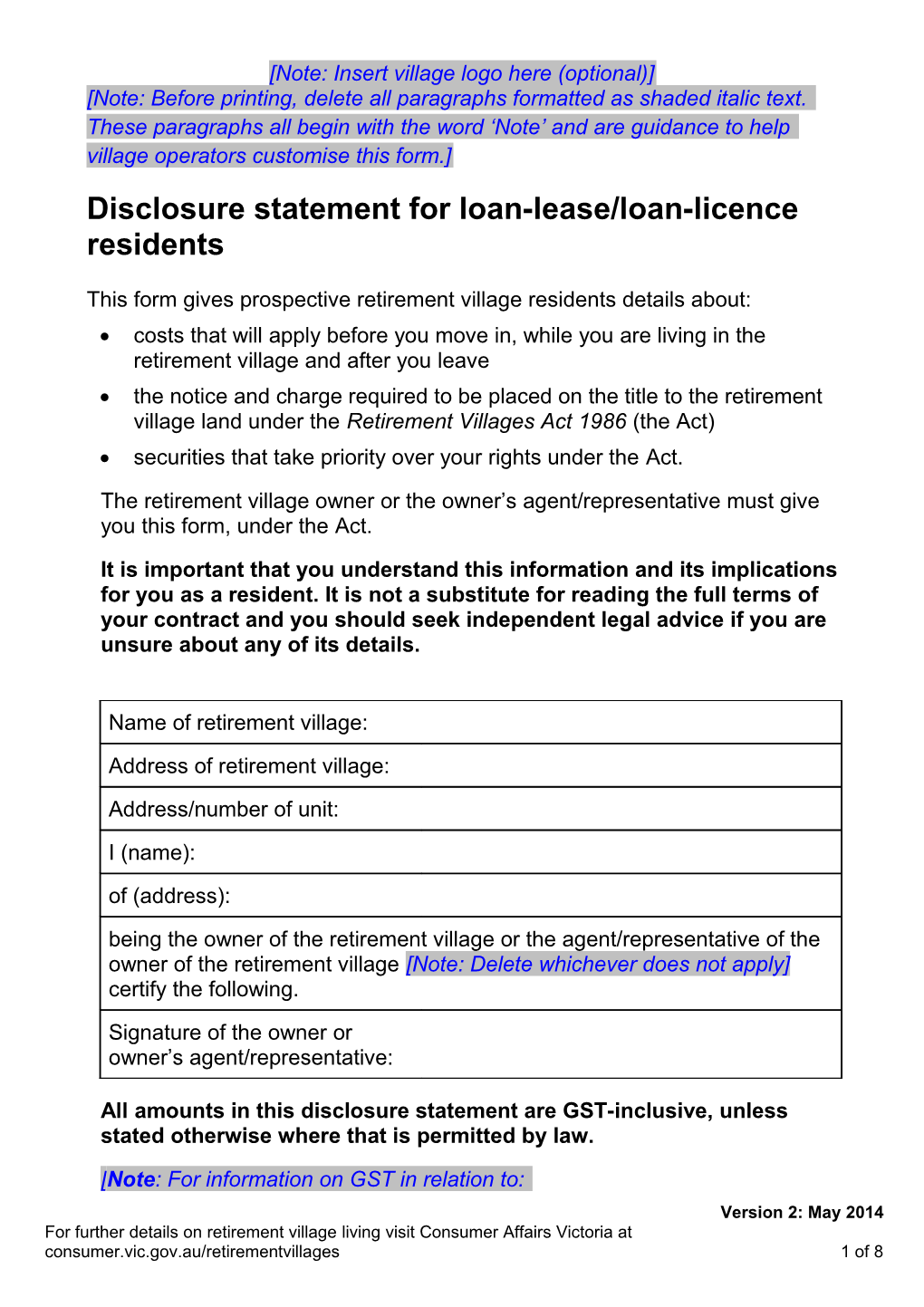 Disclosure Statement for Loan-Lease/Loan-Licence Residents