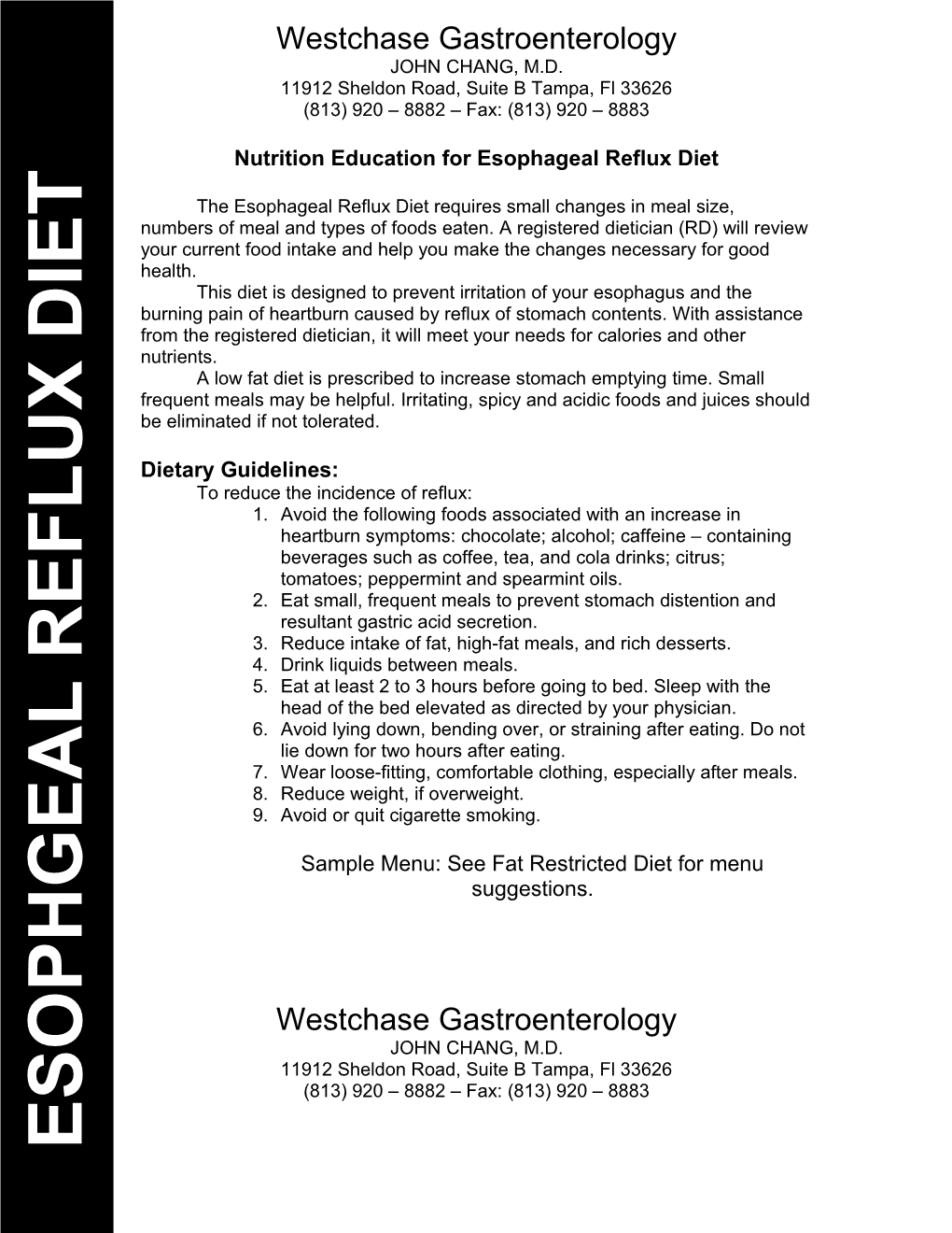 Nutrition Education for Esophageal Reflux Diet
