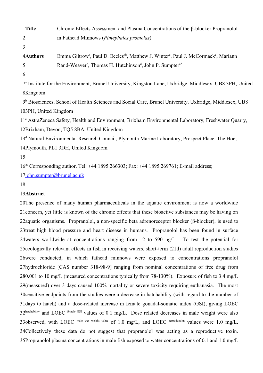 Titlechronic Effects Assessment and Plasma Concentrations of the Β-Blocker Propranolol