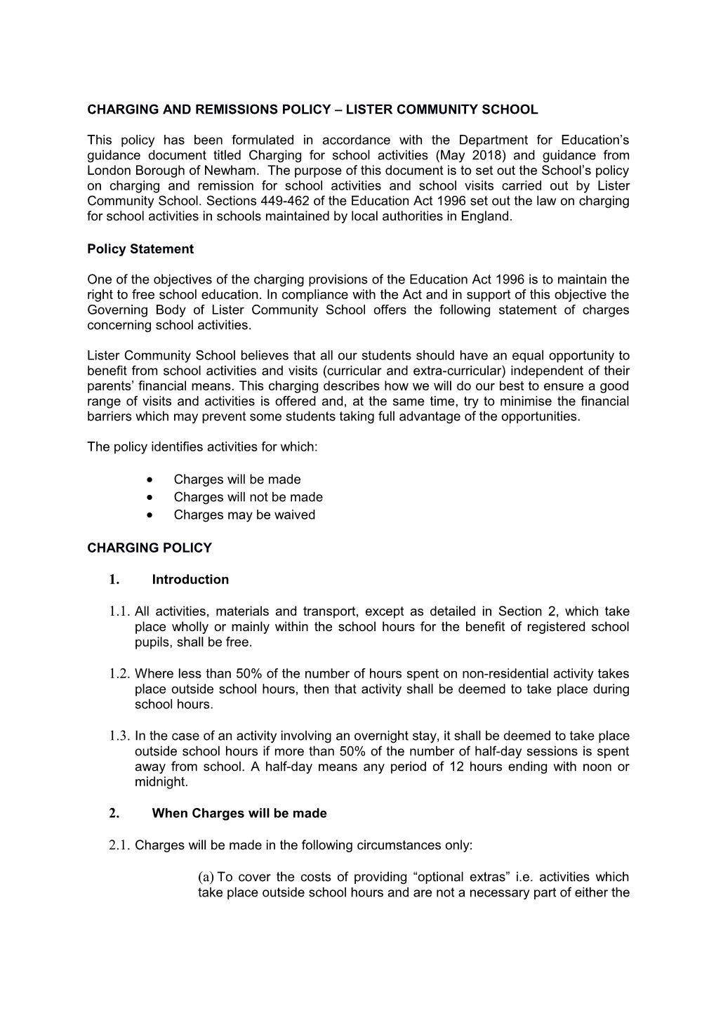 Charging and Remissions Policy Lister Community School