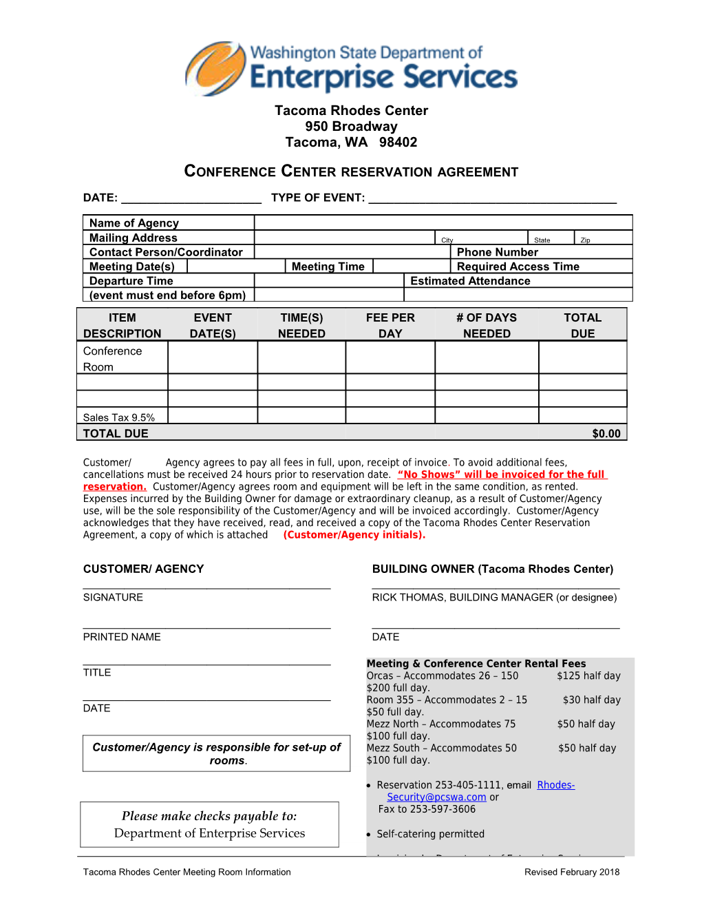 Tacoma Rhodes Center Conference Room Reservation Form