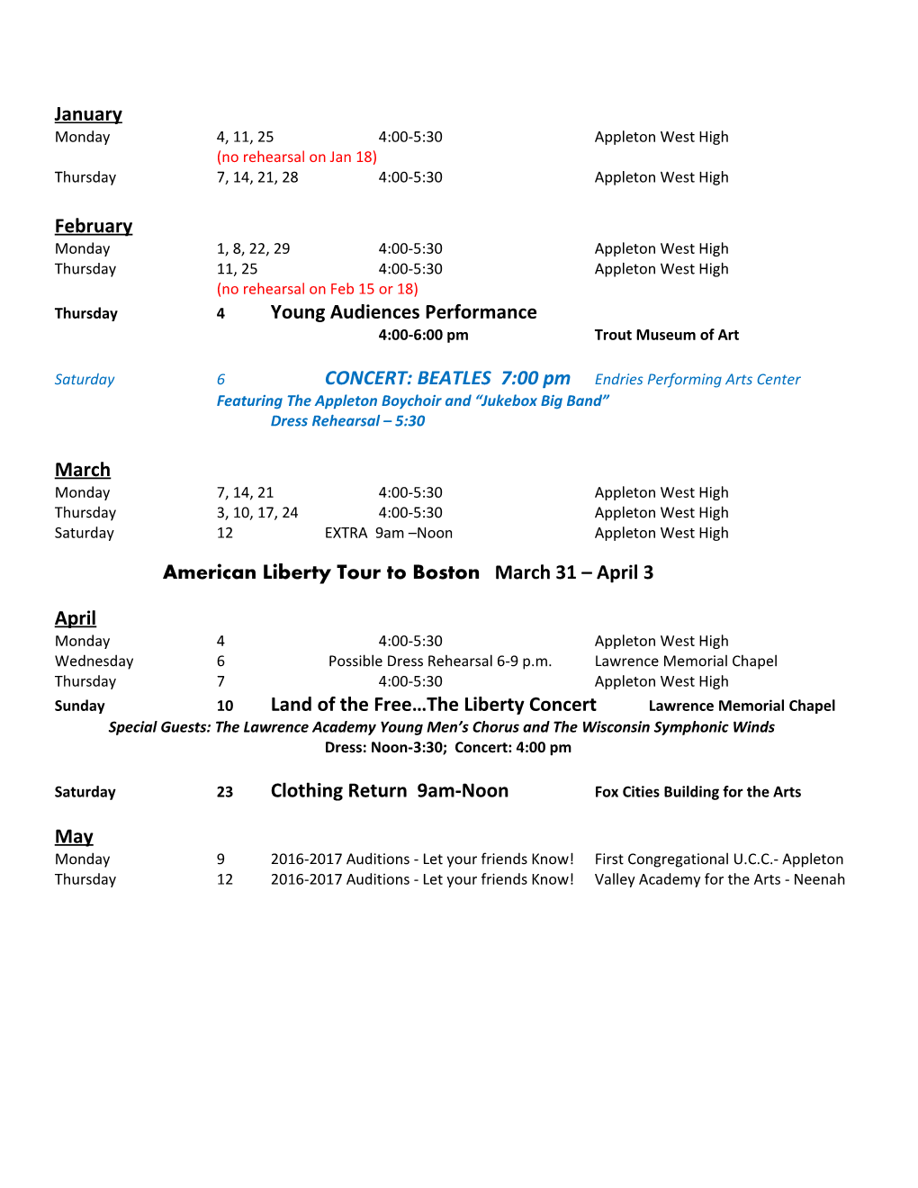 Appleton Boychoir Schedule 2015-2016