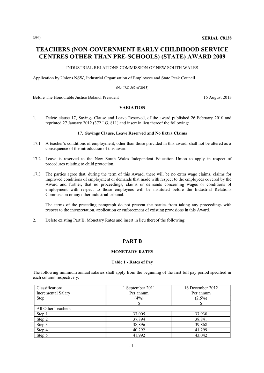 Teachers (Non-Government Early Childhood Service Centres Other Than Pre-Schools) (State)