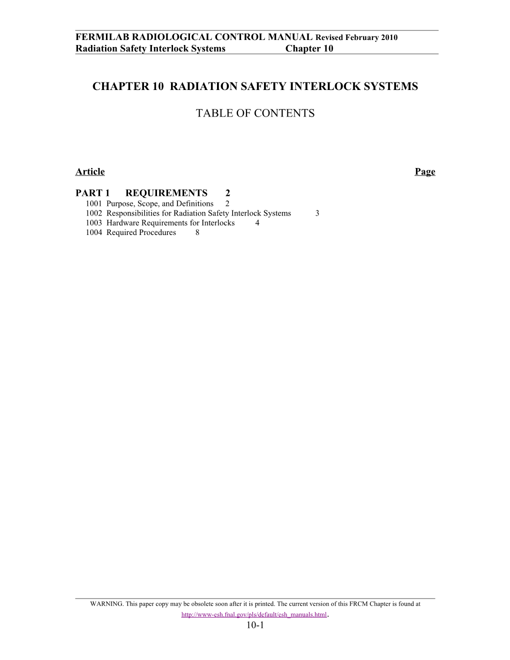 Chapter 10 Radiation Safety Interlock Systems