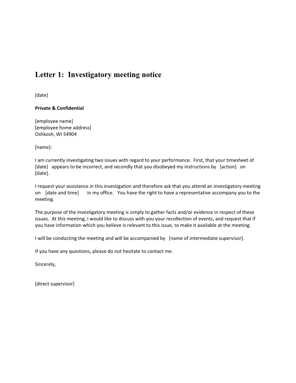 Letter 1: Investigatory Meeting Notice