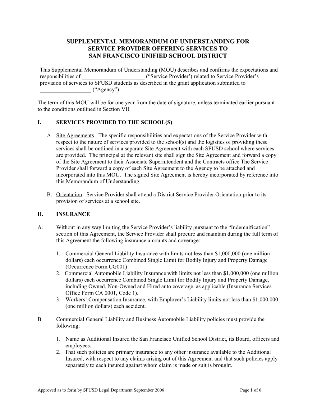 SUPPLEMENTAL Memorandum of Understanding for Service Provider Offering Services to SFUSD