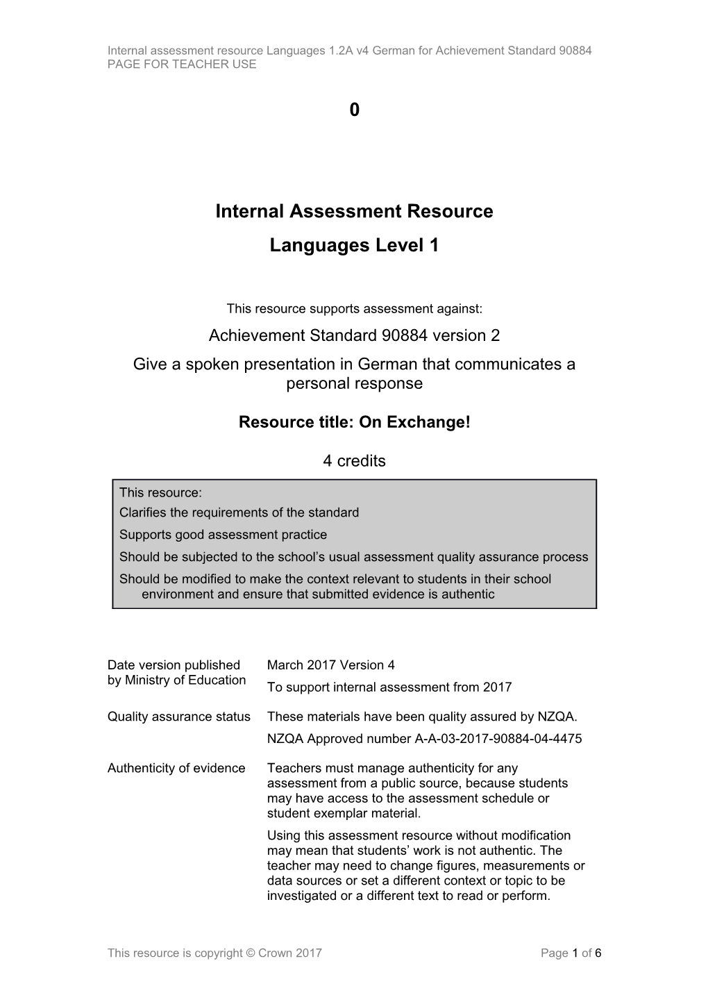 Level 1 Languages German Internal Assessment Resource