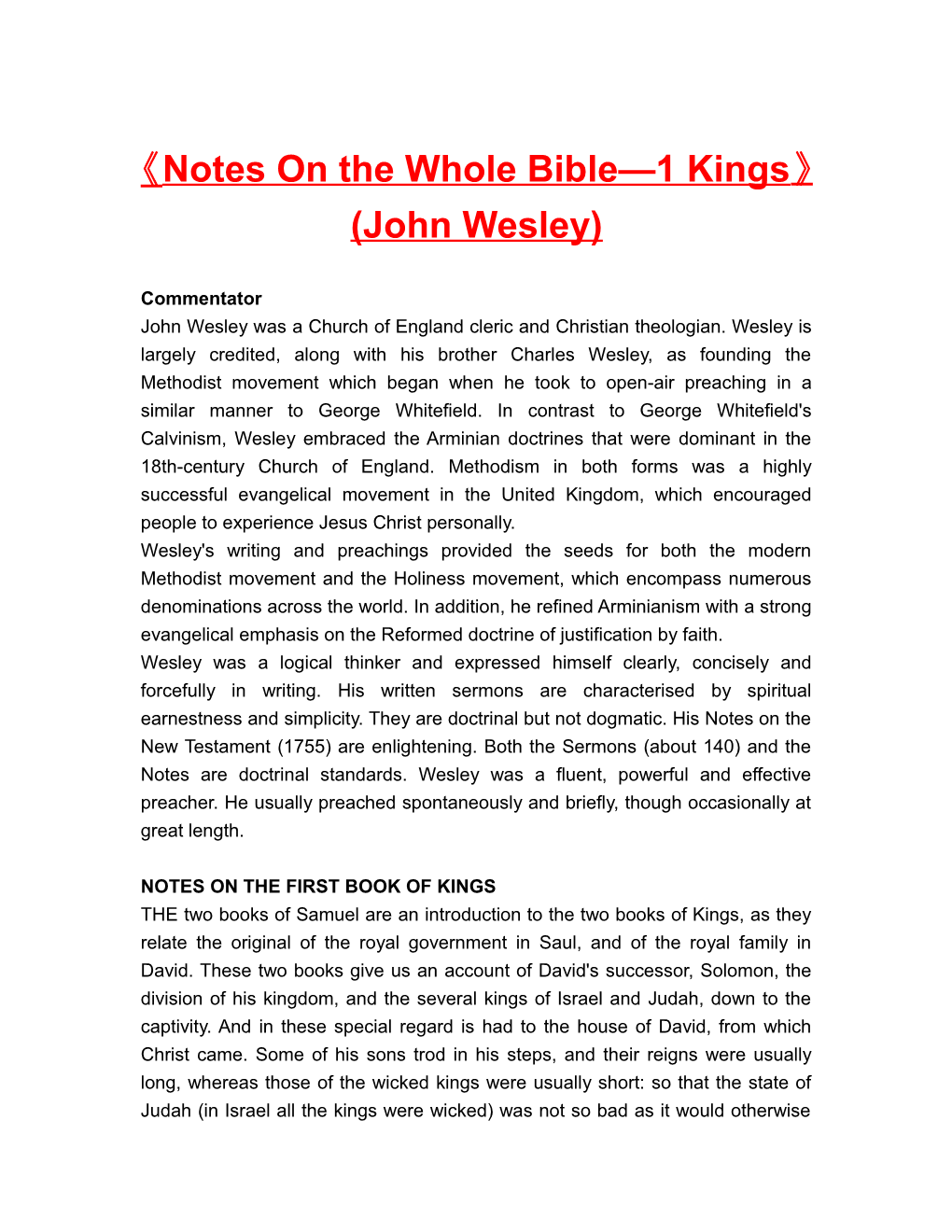 Notes on the Whole Bible 1 Kings (John Wesley)