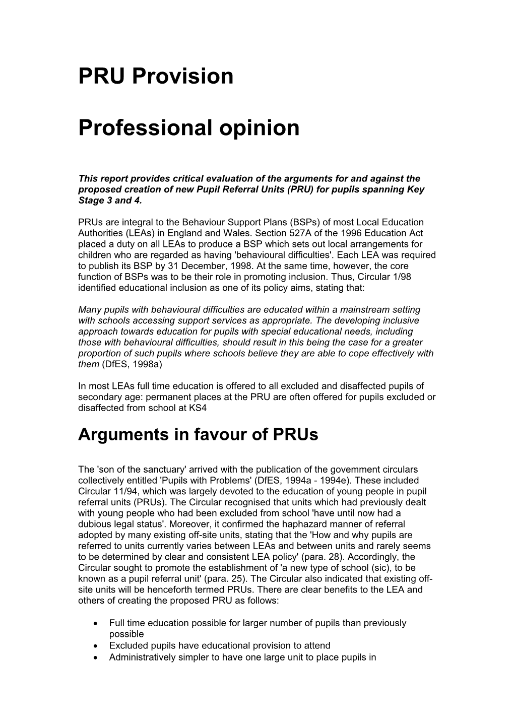 Proposed Creation of KS3/4 PRU in Hammersmith and Fulham LEA