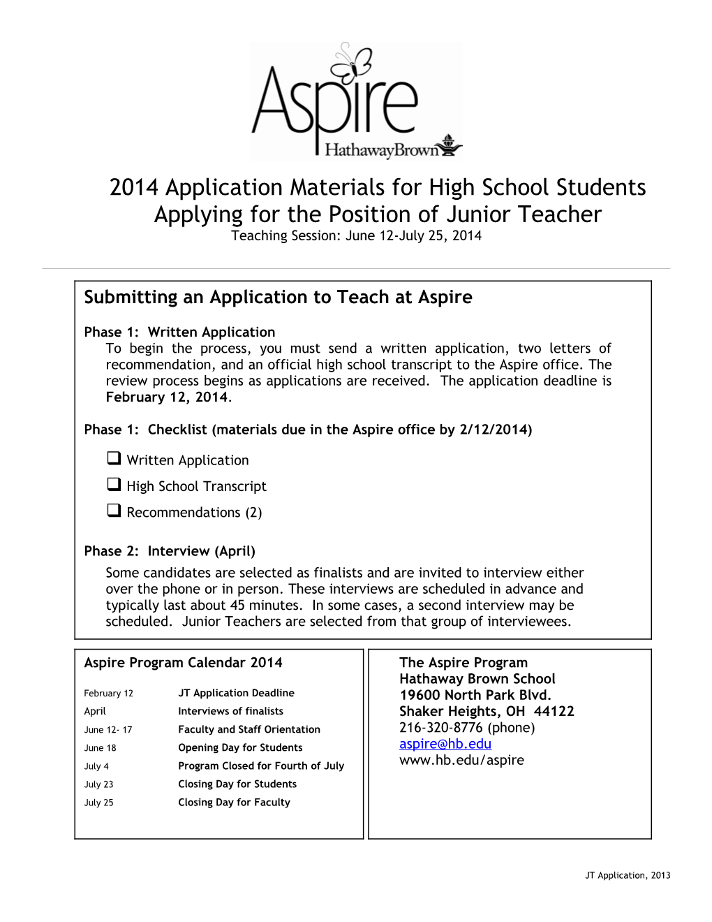 2014Application Materials for High School Students Applying for the Position of Junior Teacher