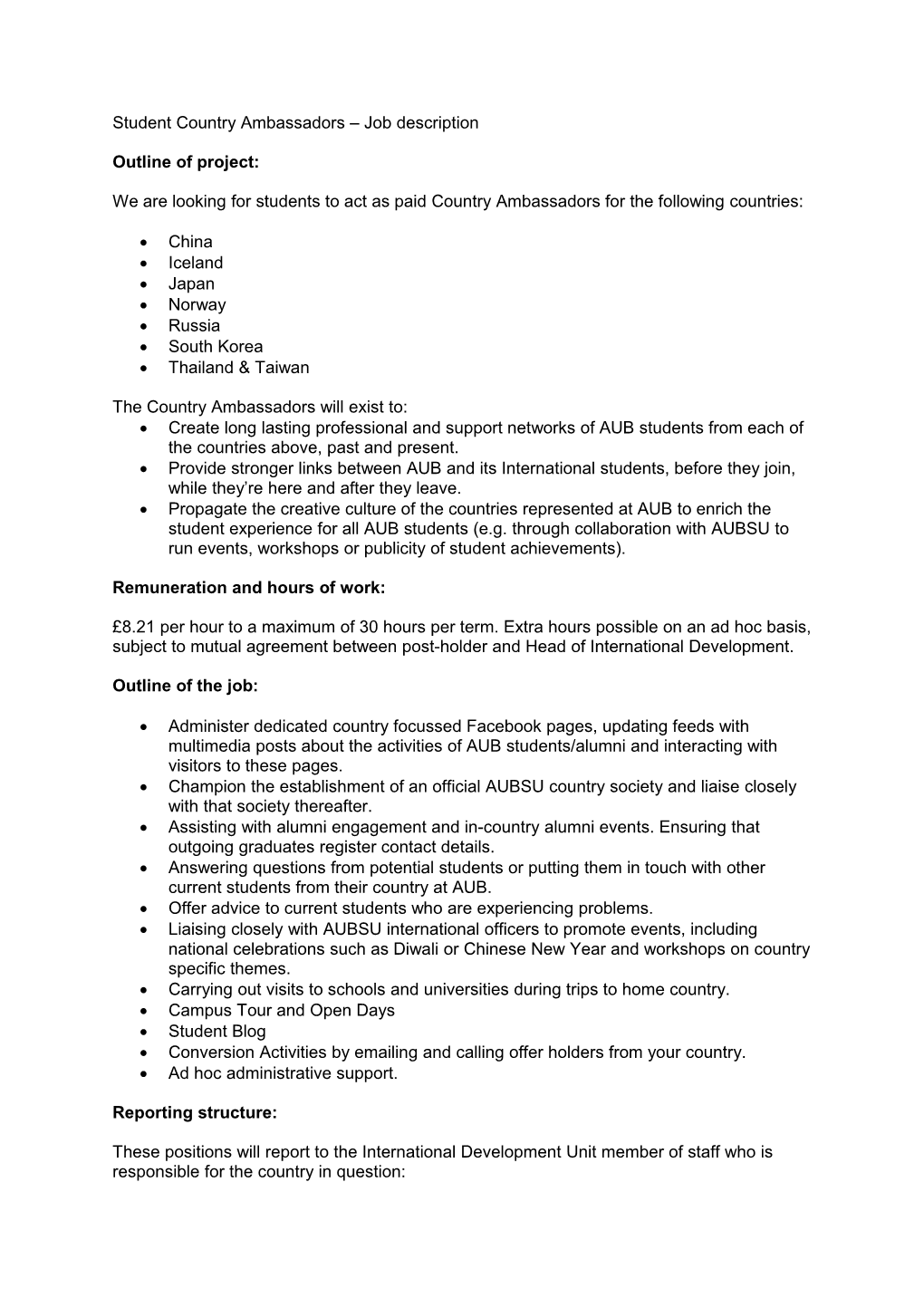 Student Country Ambassadors Job Description