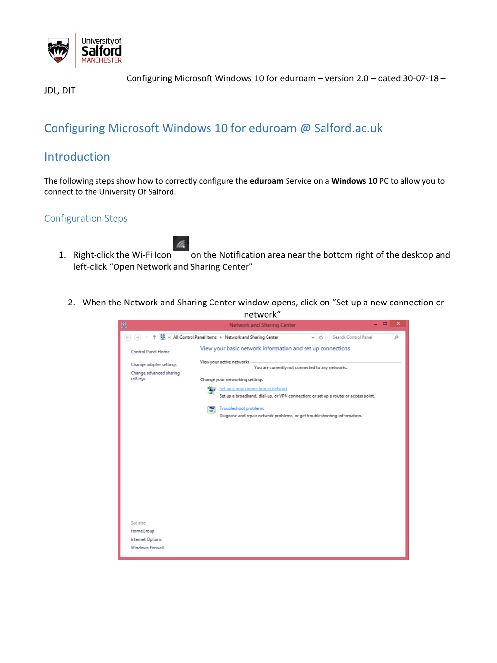 Configuring Microsoft Windows 10 for Eduroam Version 2.0 Dated 30-07-18 JDL, DIT