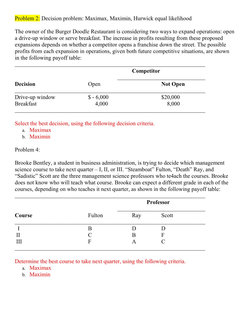 Problem 2: Decision Problem: Maximax, Maximin, Hurwick Equal Likelihood