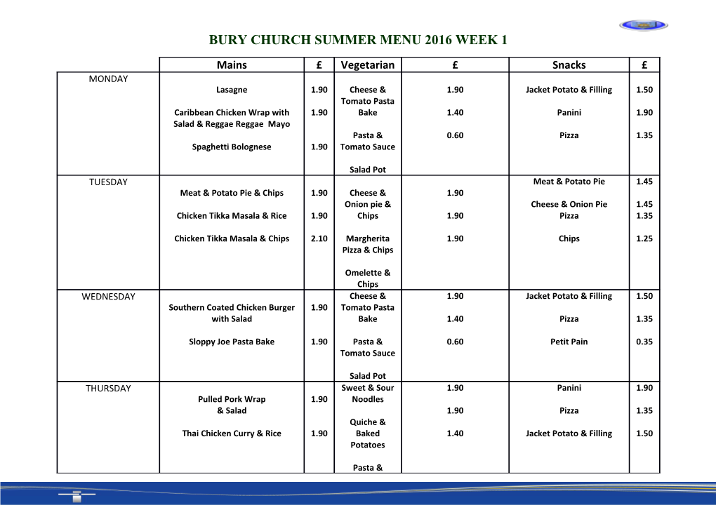 Bury Church Summer Menu 2016 Week 1