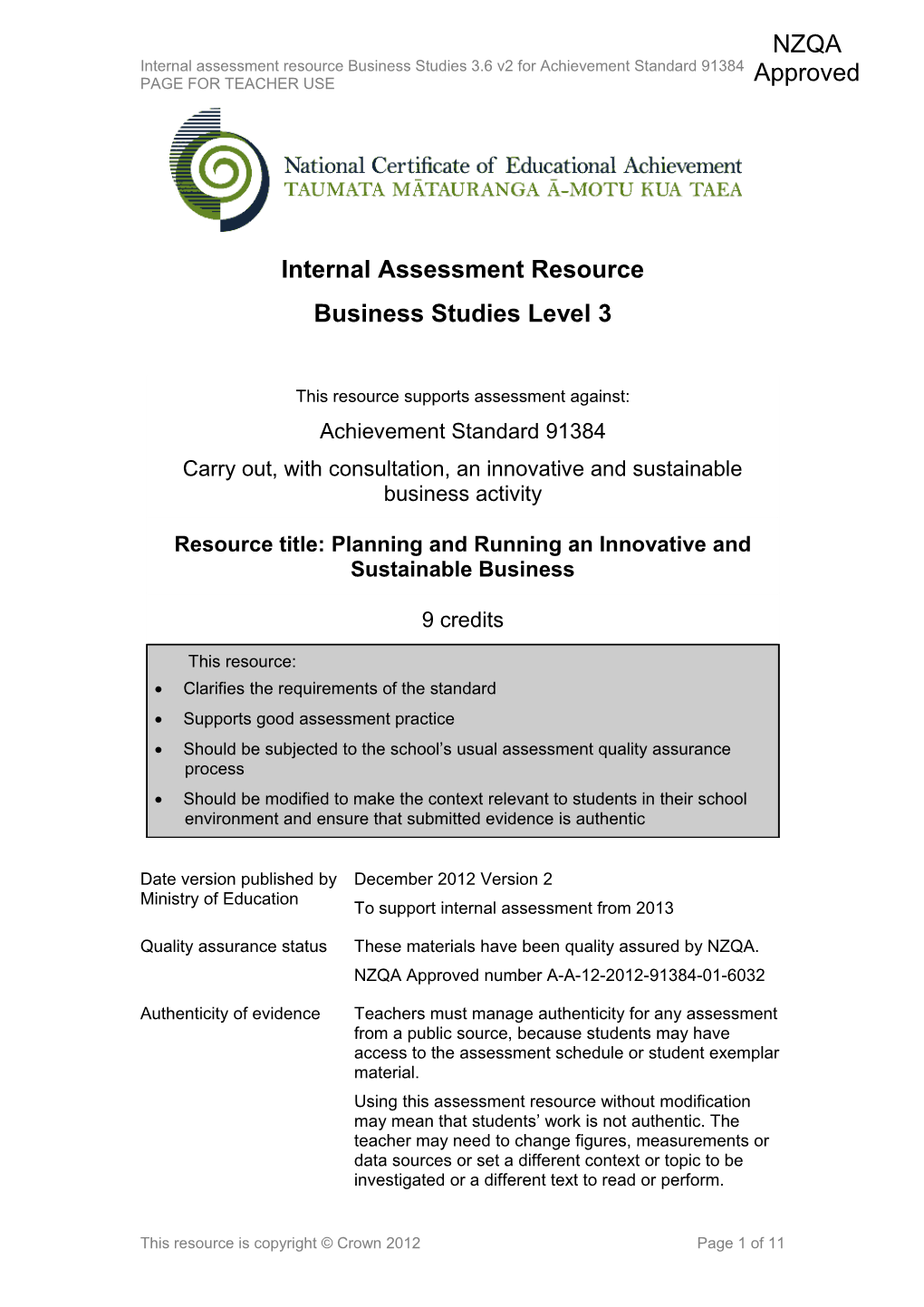 Level 3 Business Studies Internal Assessment Resource