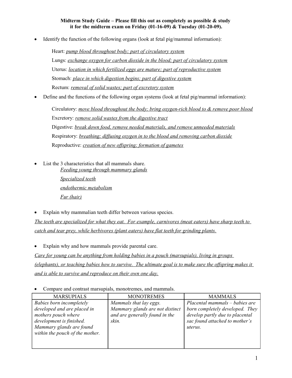 Mammalian Study Guide