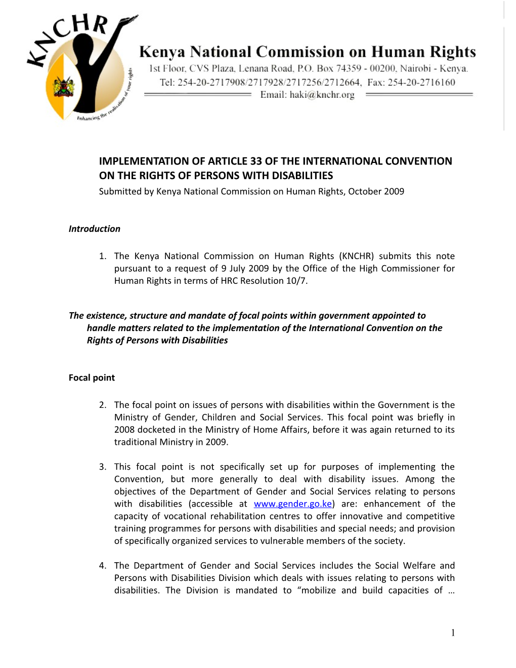 Implementation of Article 33 of the International Convention on the Rights of Persons